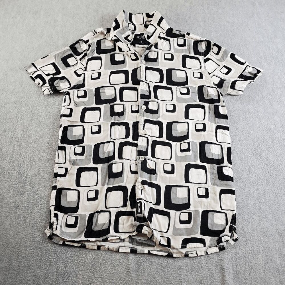 Hollister Shirt Mens Small White Black Geo Print Long Sleeve Collar Button Down